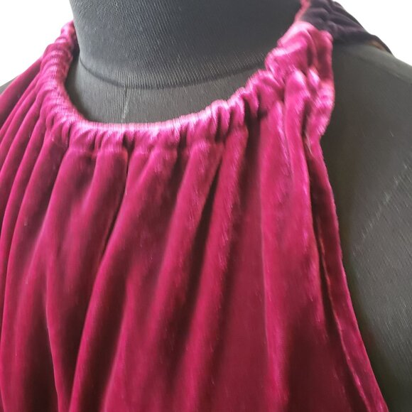 Katharine Kidd Burgundy Red Velvet Sleeveless Halter Midi Holiday Party Dress - Picture 11 of 16